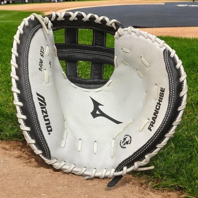 Guante Mizuno Franchise Catcher de 34 pulgadas para lanzador derecho, diseñado para comodidad, absorción de impactos y atrapadas seguras en el béisbol