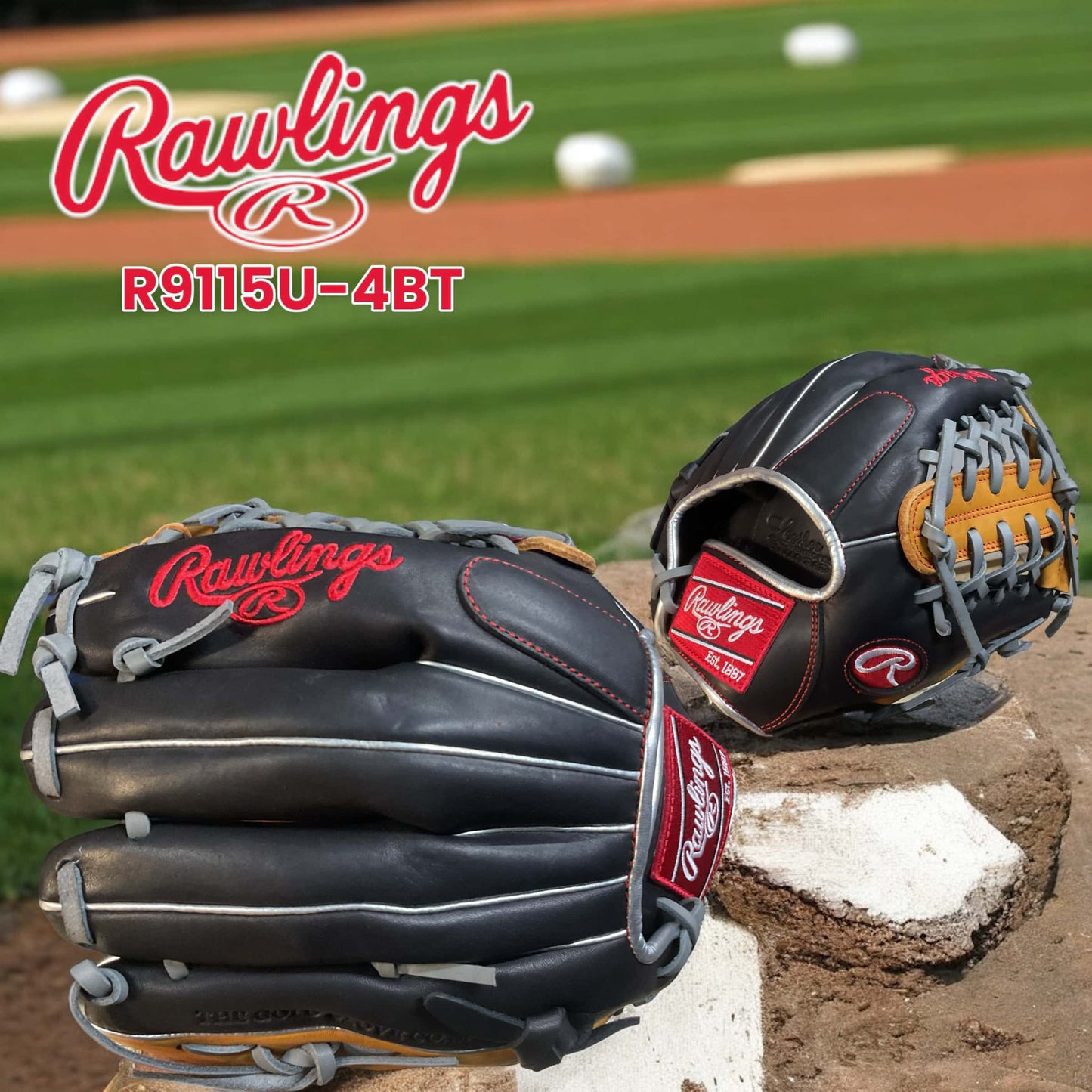 Guante Rawlings R9 Cuadro de 11.5 pulgadas para lanzador derecho, diseñado para durabilidad, comodidad y jugadas rápidas en el béisbol.