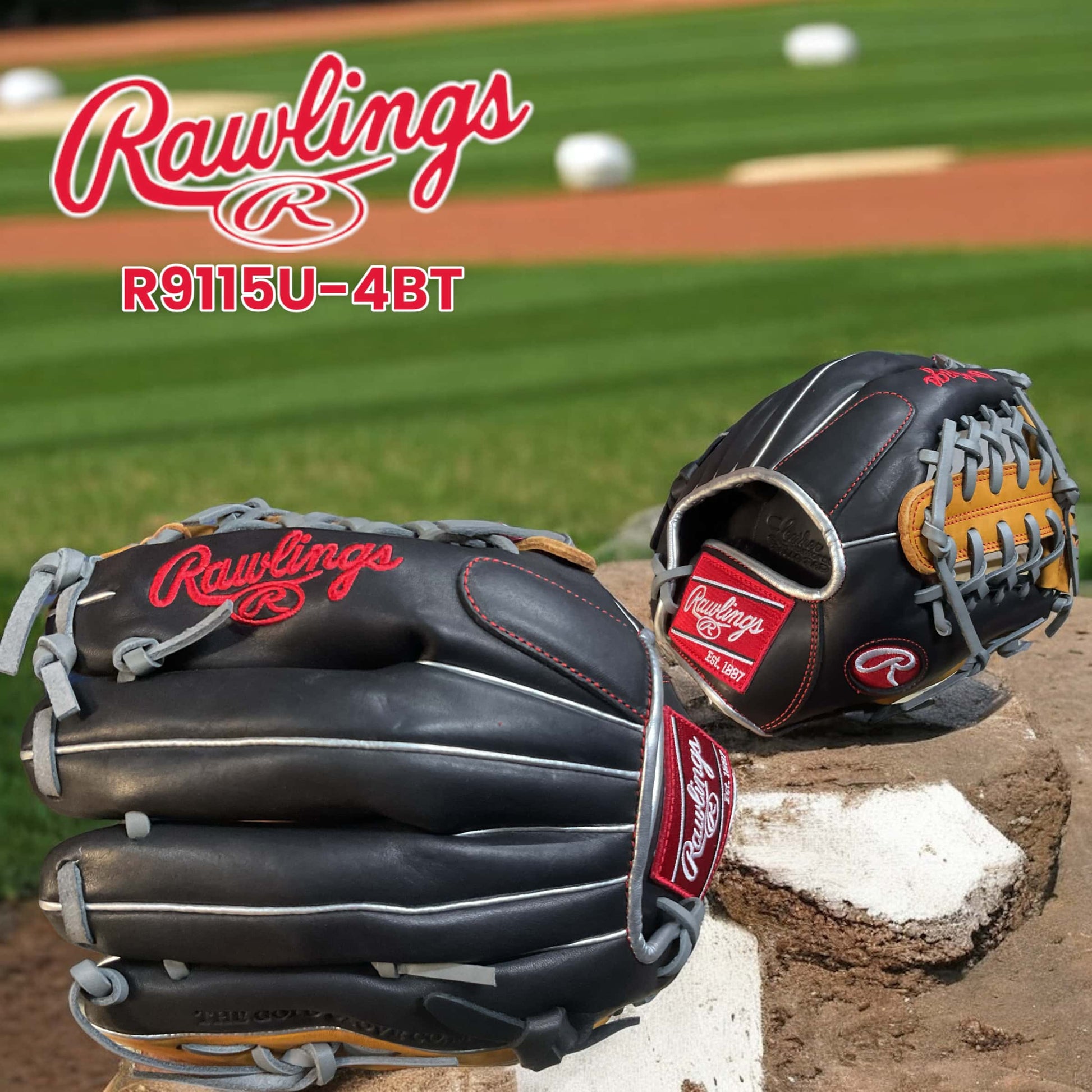 Guante Rawlings R9 Cuadro de 11.5 pulgadas para lanzador derecho, diseñado para durabilidad, comodidad y jugadas rápidas en el béisbol.
