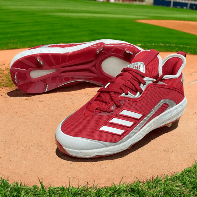 Zapatillas de béisbol Icon 6 en rojo, con suela optimizada para tracción y diseño ligero para comodidad en el campo