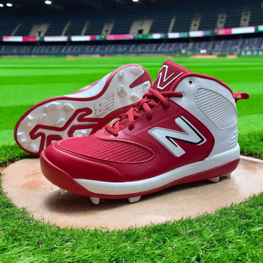 Zapatillas de béisbol New Balance 3000 V6 Jr en blanco y rojo, con tecnología Fresh Foam para comodidad y suela de tacos para tracción óptima