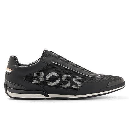 Hugo Boss, SATURN LOW NYLG negro, elegantes, semi formal, formal, zapatos tenis, negros, detalles en blanco y amarillo mostaza