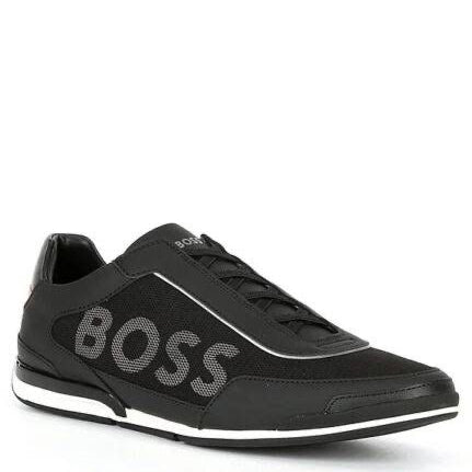 Hugo Boss, SATURN LOW NYLG negro, elegantes, semi formal, formal, zapatos tenis, negros, detalles en blanco y amarillo mostaza