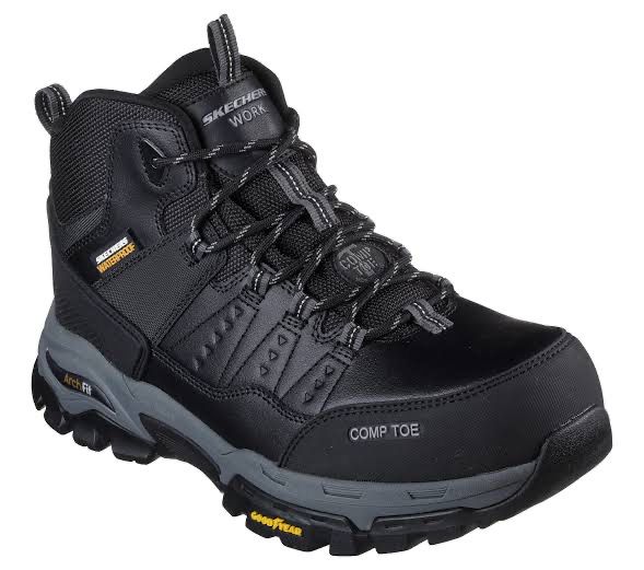 botas, botas tacticas, bota tenis, skechers, casquillo, negras, modelo Tarver, comodidad, suela alta, senderismo, deporte, aire libre, campo