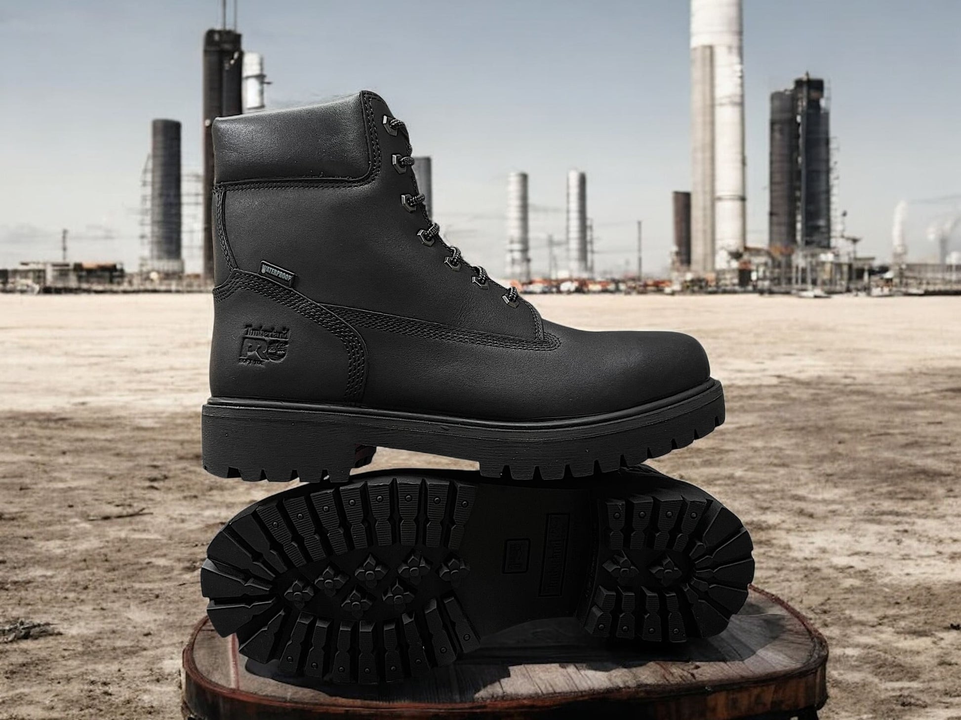 Bota Timberland negra de cuero con suela robusta antideslizante y collar acolchado, ideal para estilo casual y resistencia en exteriores.