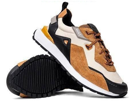 Hugo Boss, CUBITE beige, detalles en blanco naranja y negro, elegantes, diseño